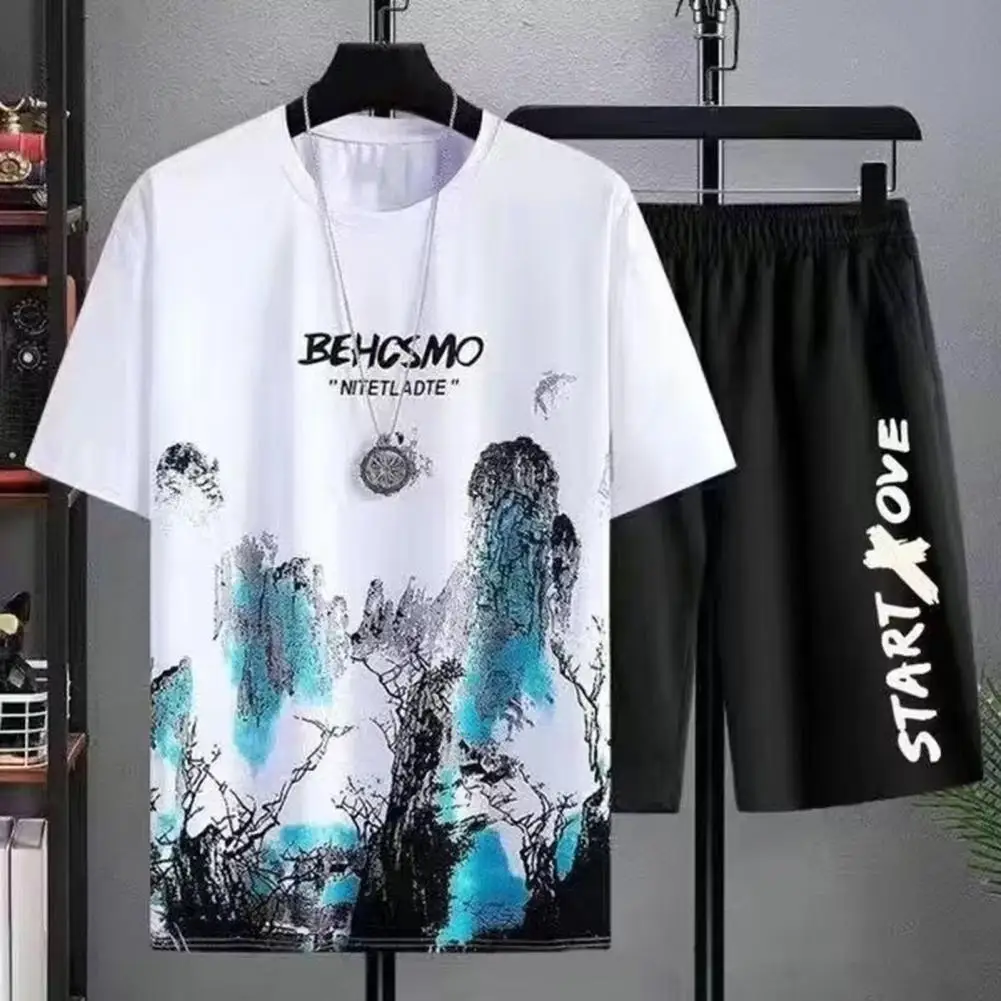 

Men Summer Casual Outfit Men's Summer Casual Outfit Set with O-neck Short Sleeve T-shirt Loose Fit Shorts Two Piece Print for A