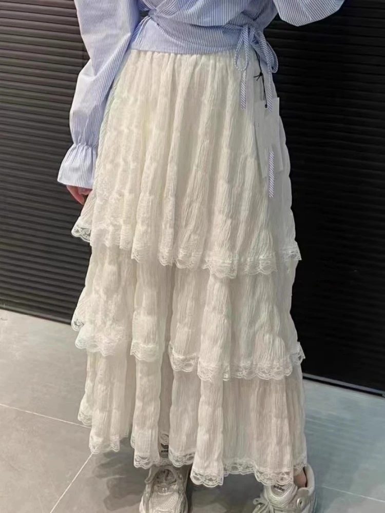 

Spring Summer Wrinkled White Black Pleated Skirt Women 2024 Korean Vintage High Waisted Splice Lace Skirts Long Falda Plisada
