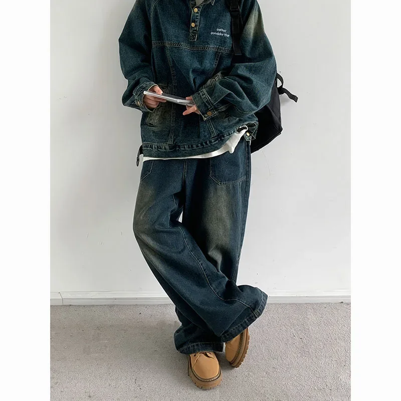 Hip Hop Street Denim Set Men Vintage Stand Collar Washed Denim Pullover+Harajuku Wide Leg Jeans 2-piece Japanese Couple Suit 3