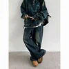 Hip Hop Street Denim Set Men Vintage Stand Collar Washed Denim Pullover+Harajuku Wide Leg Jeans 2-piece Japanese Couple Suit 3