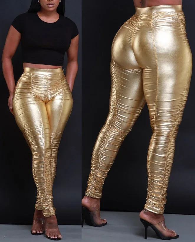 Woman Sexy High Waist Ruched Metallic Skinny Pants Temperament Commuting Female Clothing Women's Casual Trousers