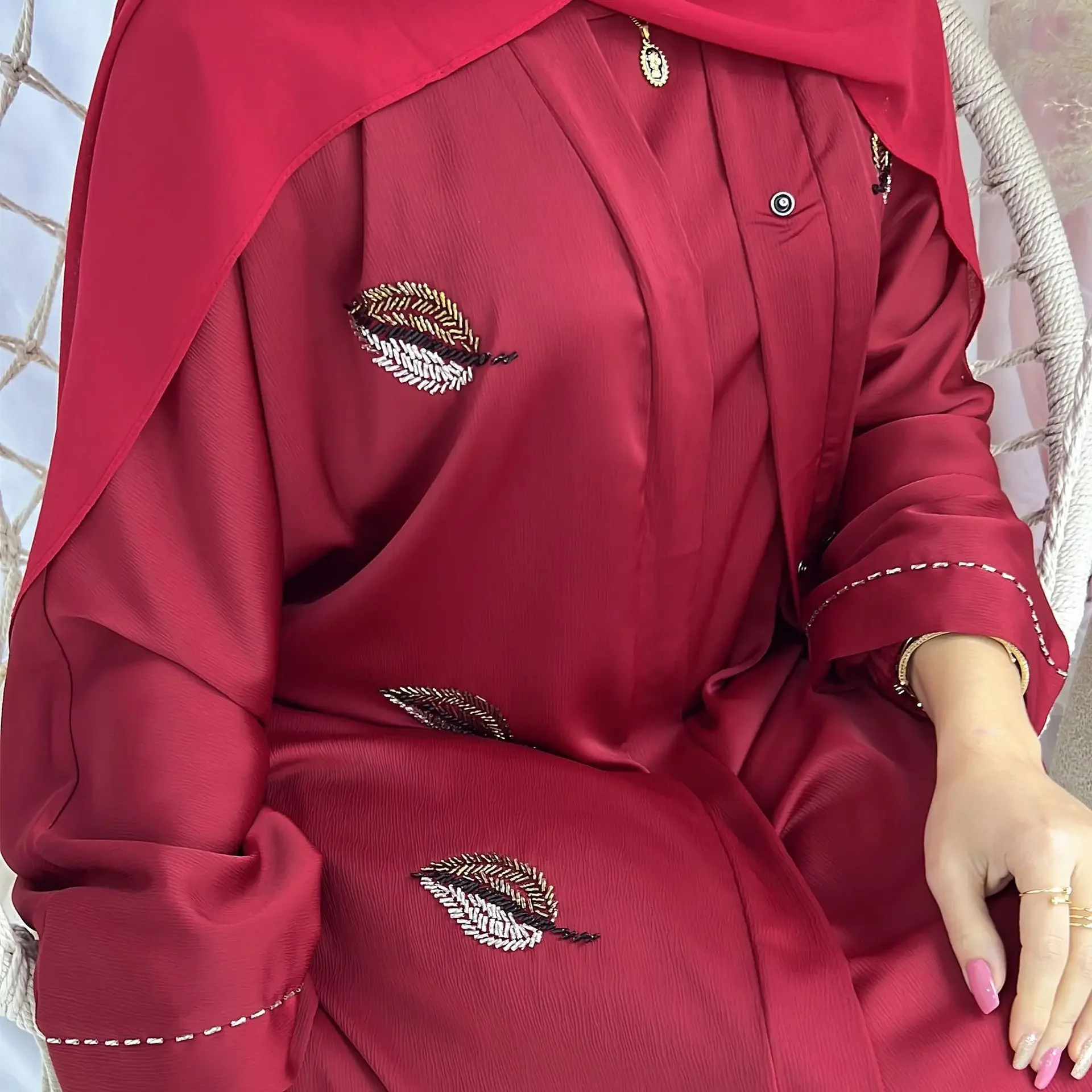 Eid Muslim Kimono Abaya Modest Hijab Dress Handmade Beaded Summer Open Abayas for Women Dubai Islamic Clothing Party Kaftan Robe