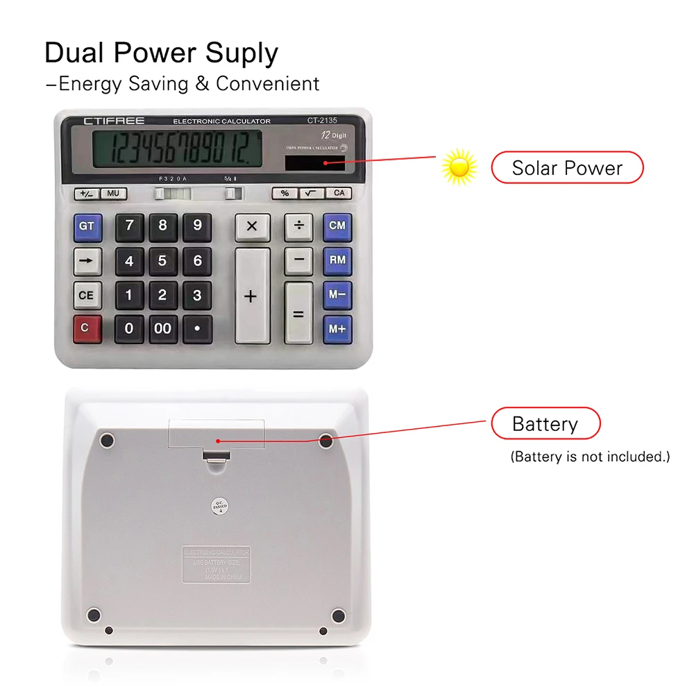Calculadora electrónica contador Solar y batería, pantalla de 12 dígitos, botón grande para negocios, oficina, escuela, cálculo