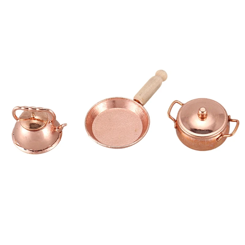 

3Pcs/Set Dollhouse Miniature Frying Pan Cooking Pot Kettle Cookware Kitchen Cooking Kit 1:12 Doll House Accessories-Drop Ship