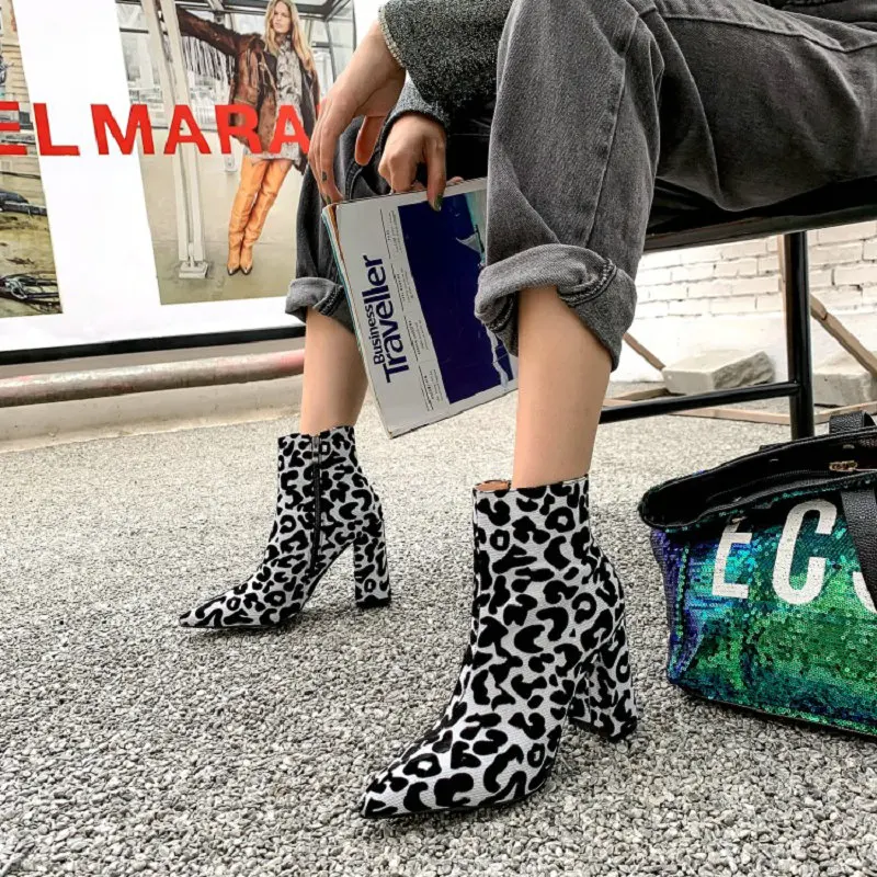 

QPLYXCO 2020 Winter New Autumn Sexy Pointed Toe Woman Stilettos Booties Leopard Block High Heeled Ankle Boots For Women