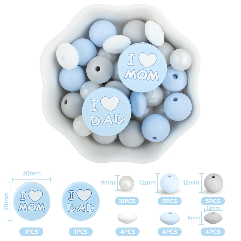 34Pcs/Set Silicone Beads I Love Mum and Dad Round Chew Beads Set Food Grade For Jewellery Making DIY Pacifier Chain Accessories 2