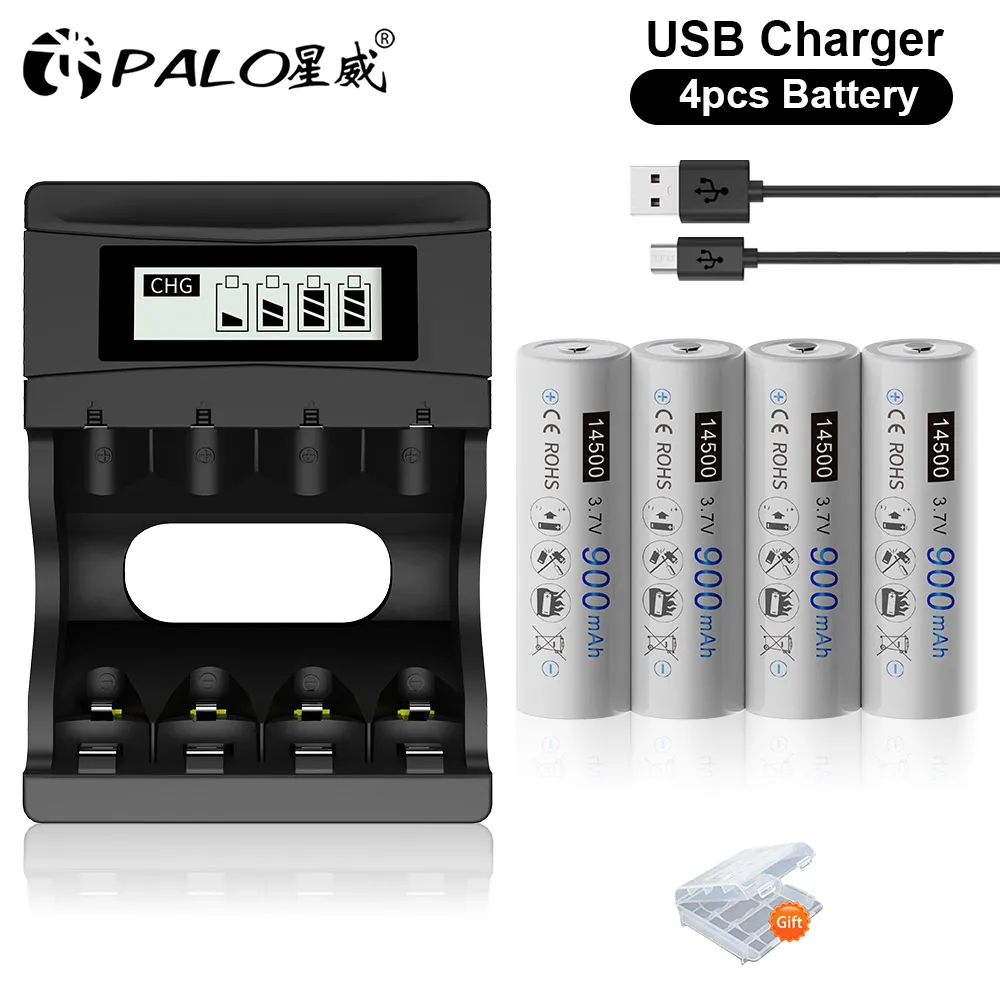 Palo 14500 Batteria Agli Ioni Di Litio Ricaricabile 3.7V 900Mah Aa 14500 Batteria Al Litio Aa Batteria Agli Ioni Di Litio Con Caricabatterie Intellige