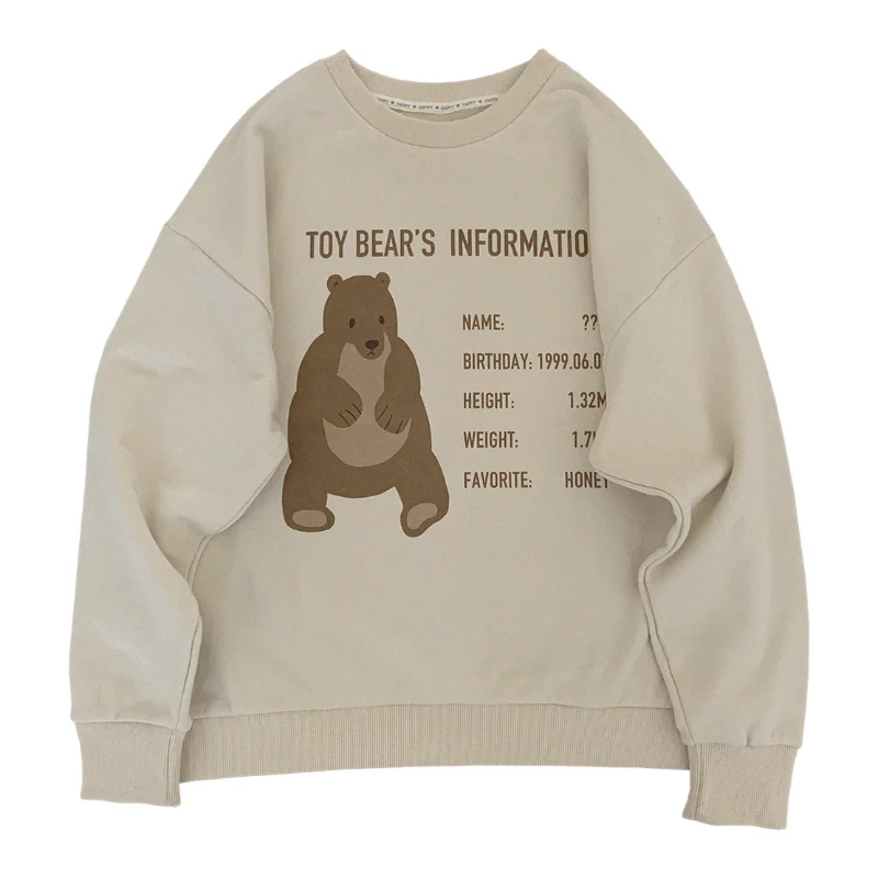 

Beige Sweatshirt Women Autumn 2022 Bear Print Loose Vintage Pullovers