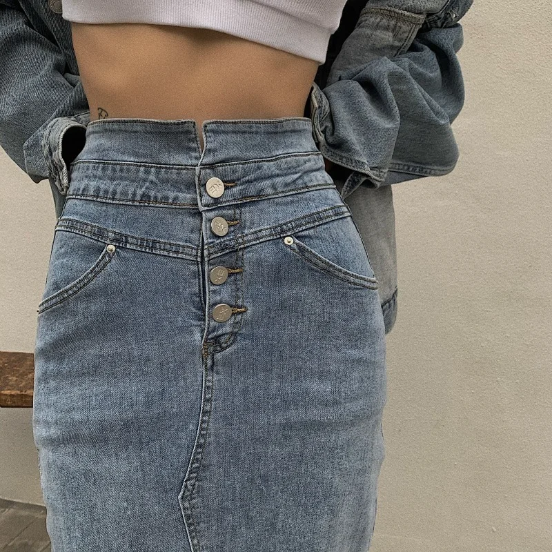 women ripped shredded distressed high waisted straight jeans s blue Y2k Skirts Women Sexy Stretch Split Blue Jeans Skirt Slim Demin Skirts Fall Summer Vintage Korean High Waisted Faldas Mujer Moda