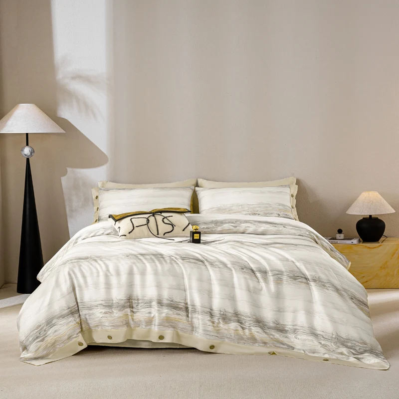 2025 New 60S Lyocell Button Design Bedding Set Four-Piece Set Luxury Comfortable Comforter Cover Set Full King Size