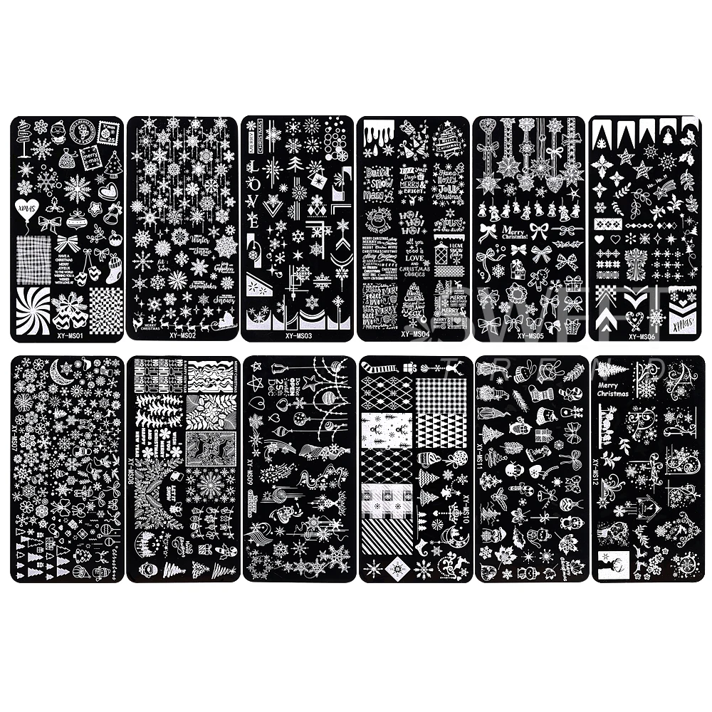 12pcs 크리스마스 네일 스탬핑 플레이트 크리스마스 눈송이 엘크 활 프랑스어 패턴 인쇄 스텐실 템플릿 스탬프 플레이트 매니큐어 도구