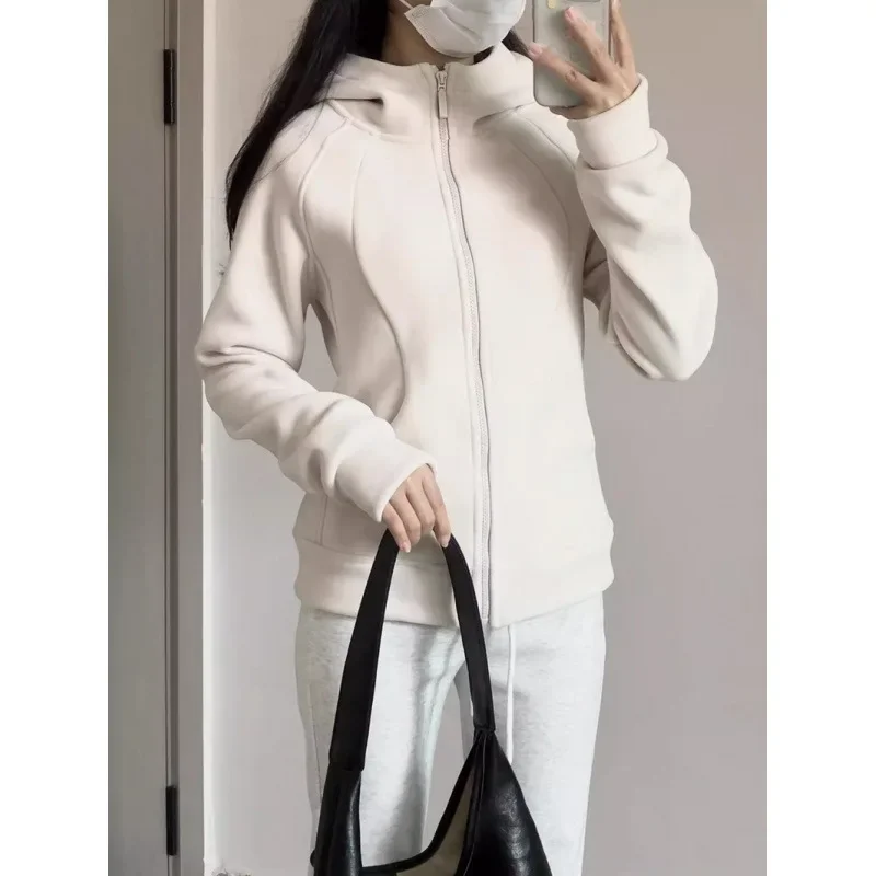 Women's Autumn/Winter New Slim Fleece-Lined Hooded Sweatshirt Petite Thickened Warm Casual Sport Cardigan Jacket