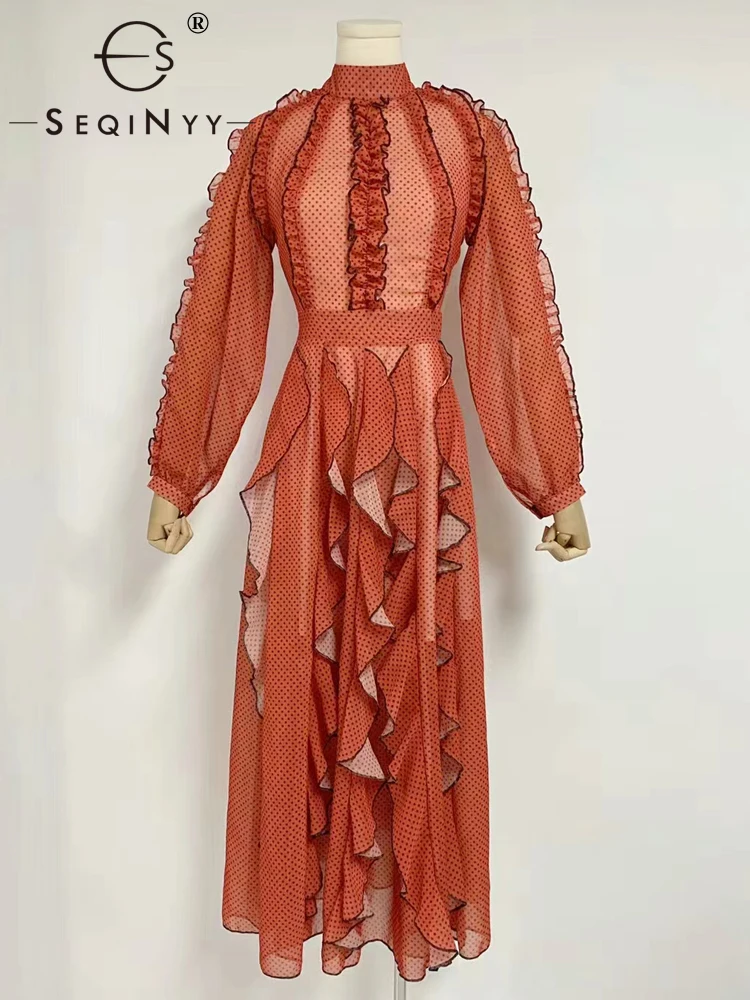 

SEQINYY Casual Dress Summer Spring New Fashion Design Women Runway High Street Vintage Dot Ruffles Lantern Sleeve Elegant