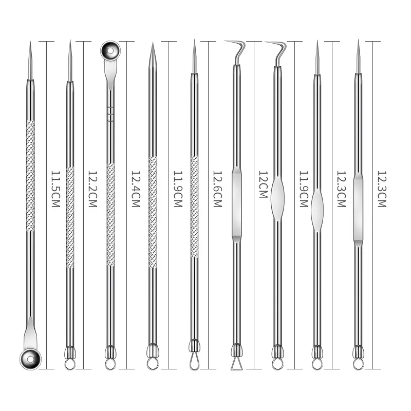 9pcs Stainless Acne Needle Blackhead and Pimple Remover Face Care Comedone Extractor Head Remover Tool Sets Point Clean Black