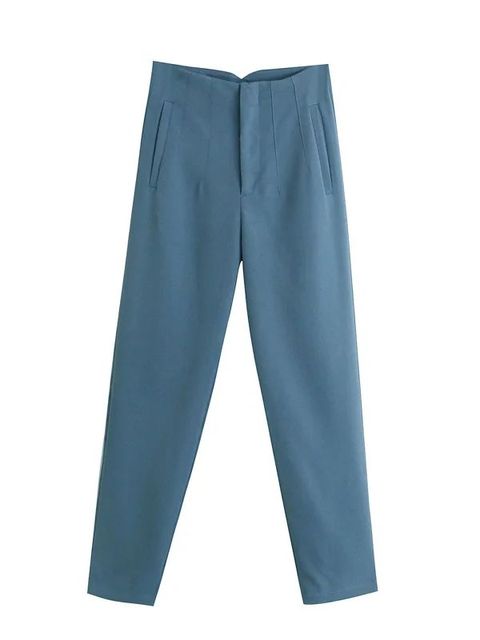 TRAFZA Women Light Blue Chic Fashion Office Wear Straight Pants Vintage High Waist Zipper Fly Female Trousers Fashion 2024