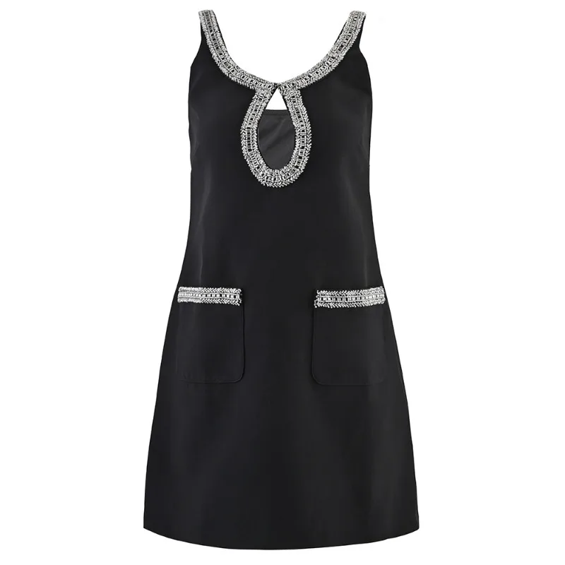 

Luxury Diamonds Beading Hollow Out Summer Dress Women 2023 Runway Designer Elegant O-neck Sleeveless Mini Dresses Vestidos