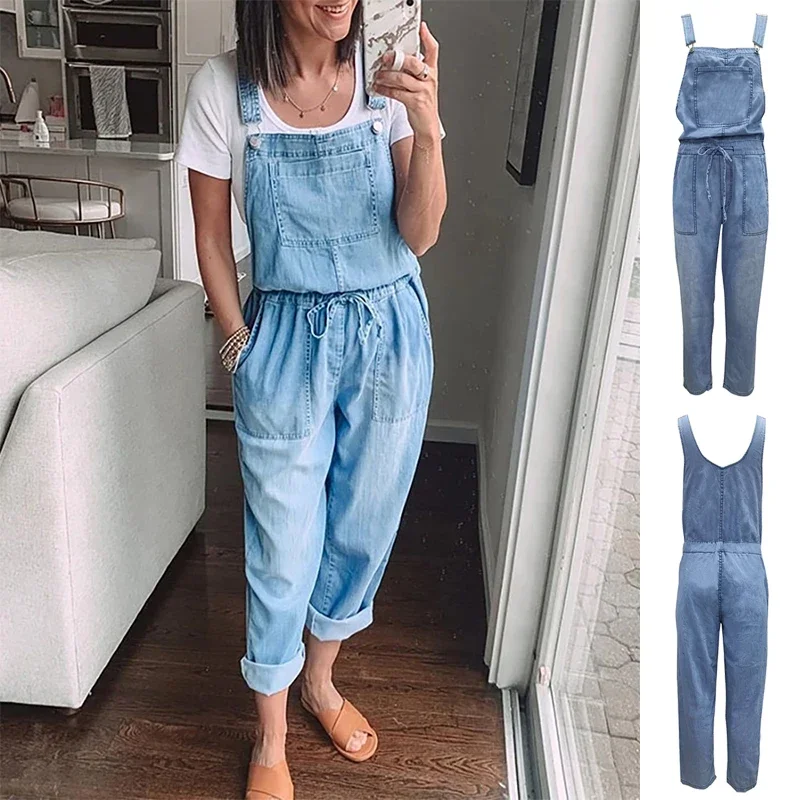 Helisopus New Soft Denim Women Jumpsuit High Waist Solid Color Loose Denim Pants Jeans Loose Drawstring Overalls