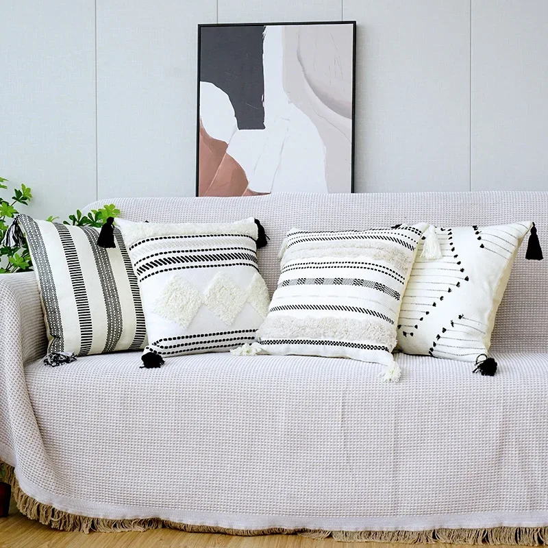 

Jacquard Stripe Sofa Pillow Cover Bedside Geometric Hemp Thread Crochet Throw Pillowcase Home Living Room Decorative Pillowcase