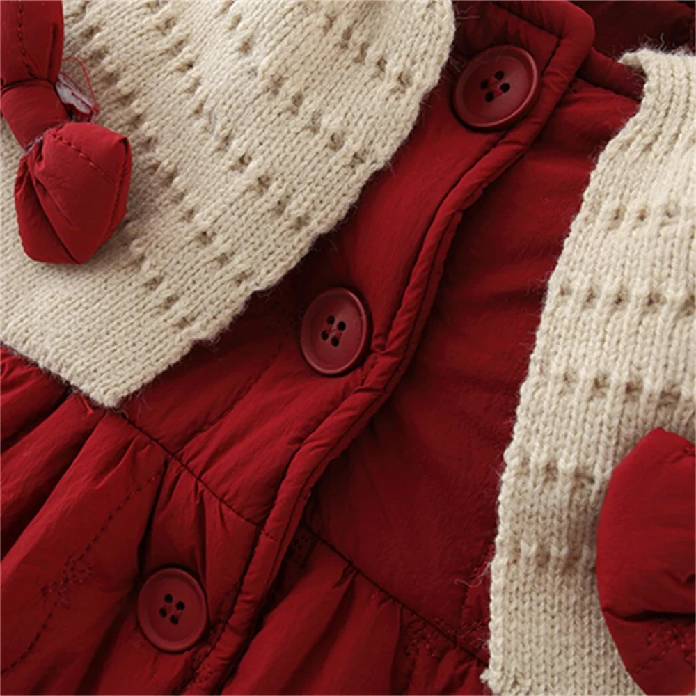 (0-3) Baby Girl Coat Winter Button Double Bow Decoration Big Neck Long Sleeve Cotton Coat Thick Velvet
