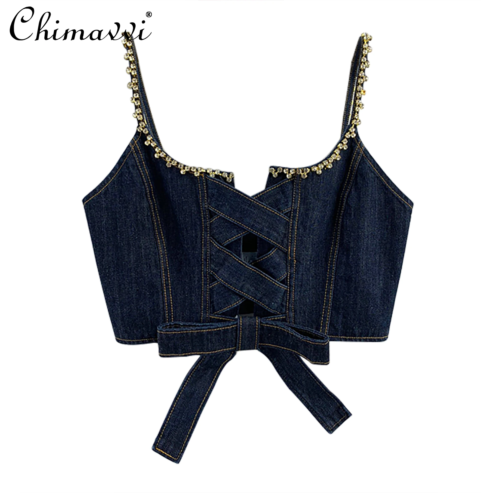 

2022 Summer New Exquisite Rhinestone Lace-up Denim Brace Top Women's Thin Korean Fashion Sexy Sling Temperament Outer Wear Tank