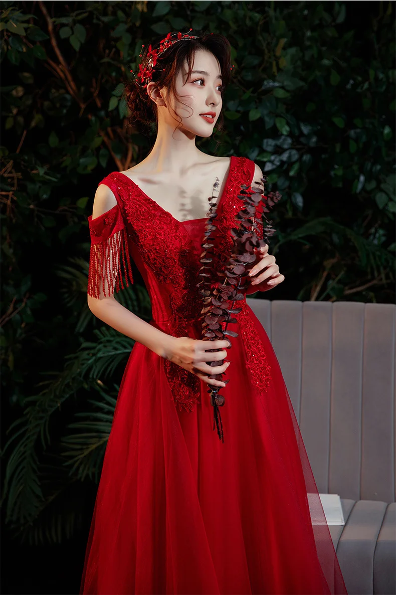 plus size ball gowns Red A-line Long Evening Dresses For Wedding Party Elegant V-neck Shoulder Strasp Floor-length Tulle Women Prom Gowns 2021 white evening gowns