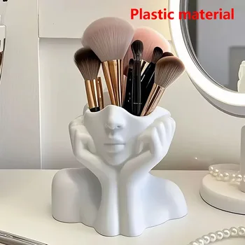 Porta pennelli da trucco, decorazione da scrivania con volto umano, vaso, compatibile con trucchi, matite per sopracciglia, organizer per la casa, materiale plastico