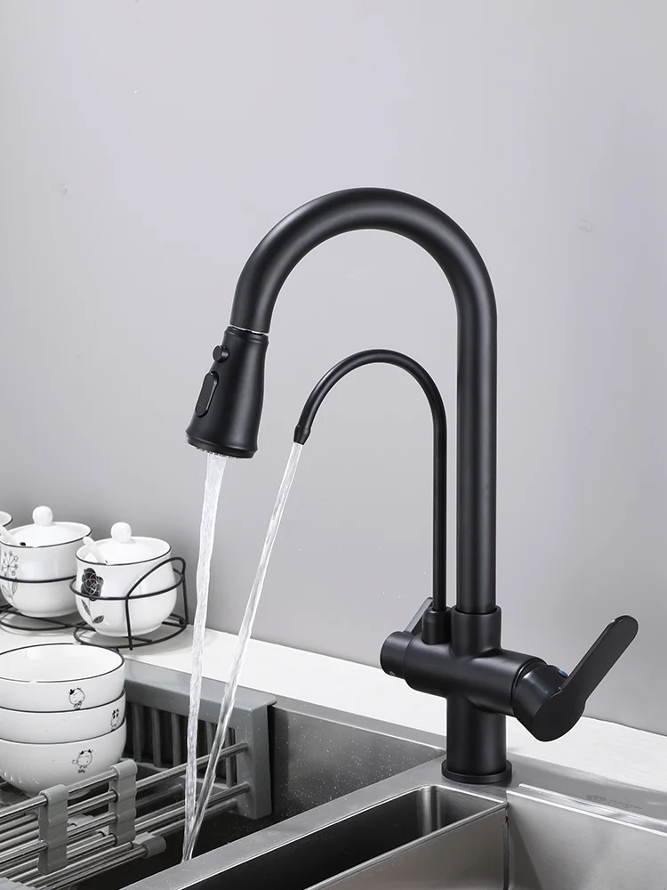 

Matte Black Filtered Crane For Kitchen Pull Out Spray 360 Rotation Water Filter Tap Three Ways Sink Mixer Kitchen Faucet