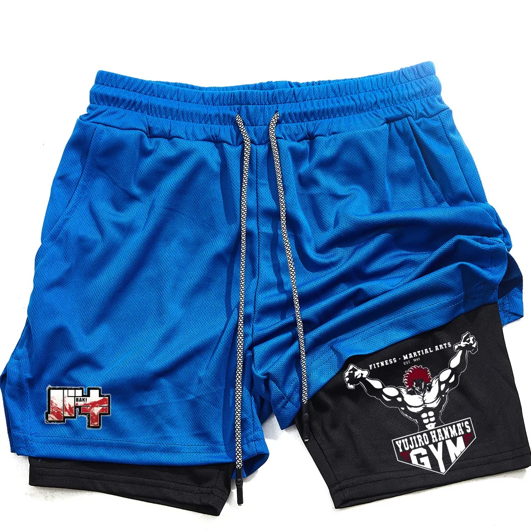 Men's and women's gym shorts, quick drying mesh shorts, animated printed Baki Hanma, sleeves, 2-in-1 3