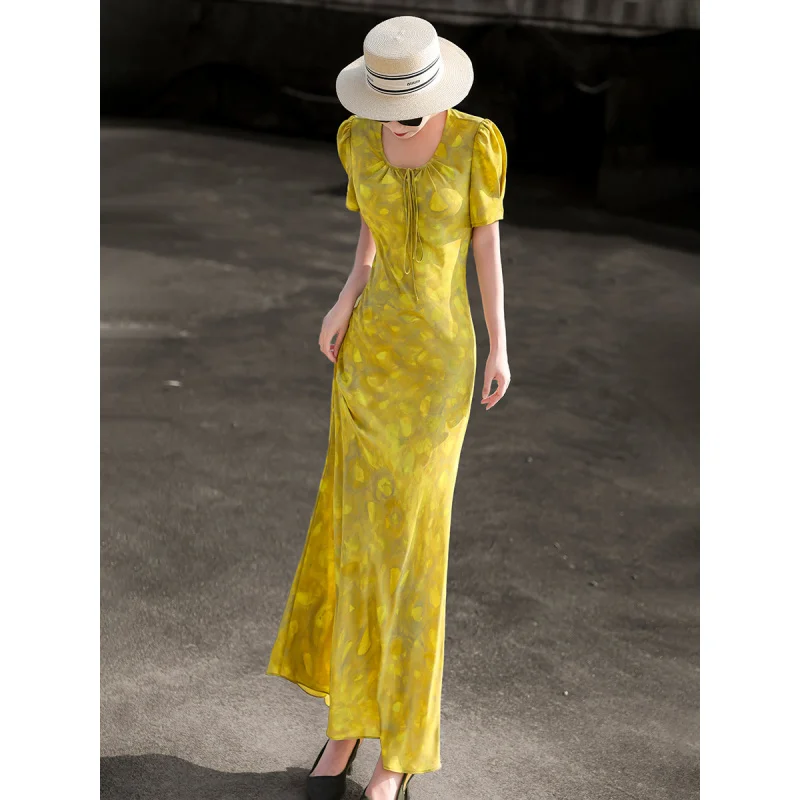 MEXCOCO 2026 Summer New French Elegant Long Dress, Round Neck Tie Waist Slim Midi Dress, Asymmetrical Cut Printed Dress 1