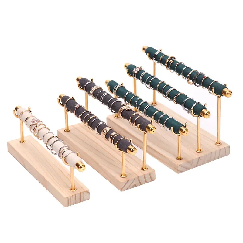 Elegant Wooden Ring Display Stand with Multi-Layer Sponge Holder and Detachable Metal Frame