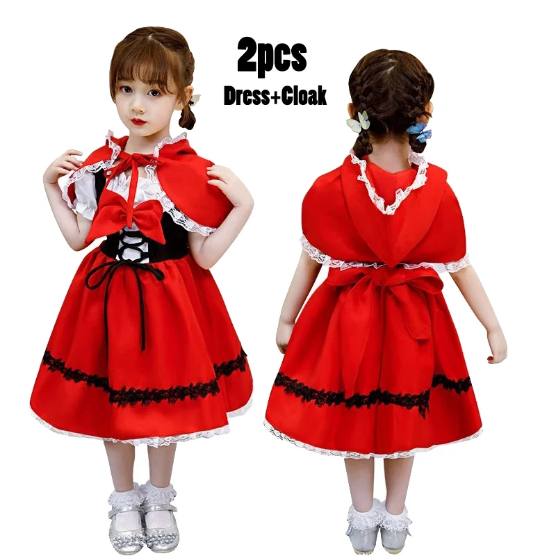 thumbnail image 1 of Disfraz de Caperucita Roja de Halloween para niña con capa, vestido de princesa, traje de cuento de hadas para actuación de Navidad para niños, 1 of 5