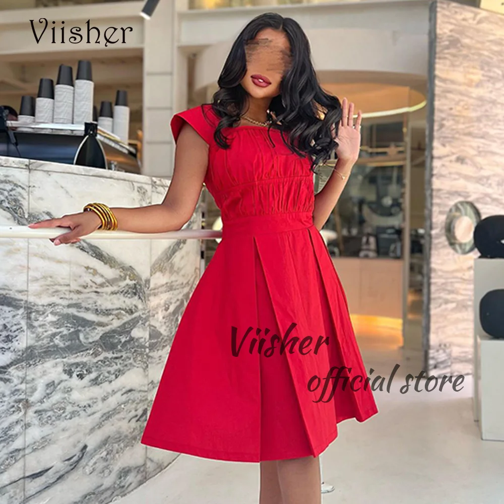 

Viisher Red Short Prom Party Dresses Cap Sleeve Pleats Satin A Line Evening Dress Above Knee Dubai Formal Dress Outfits