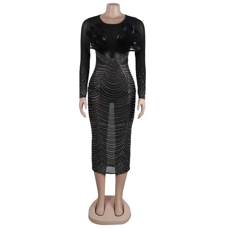 Fashion High Quality Women Long Sleeve Sheer Mesh Diamonds Sexy Midi Party Dress Feather Rhinestone See Through Night Club Dress - AliExpress 200000345 Fashion High Quality Women Long Sleeve Sheer Mesh Diamonds Sexy Midi Party Dress Feather Rhinestone See Through Night Club Dress - AliExpress 200000345