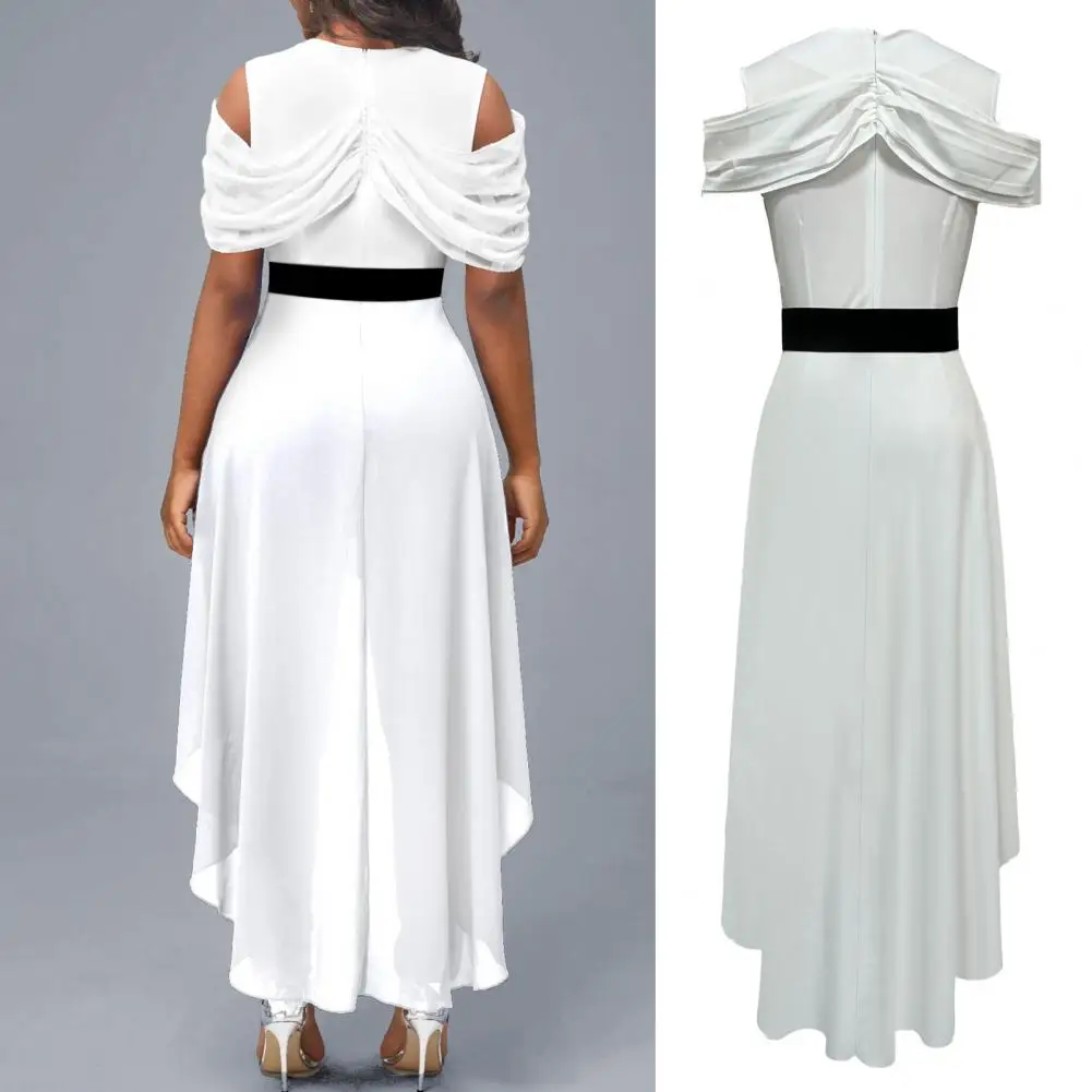 

Solid Slim Belt Overalls Playsuit Elegant Women's Off Shoulder Romper with Slim Belt Irregular Hem Sexy V-neck Ruffle for A