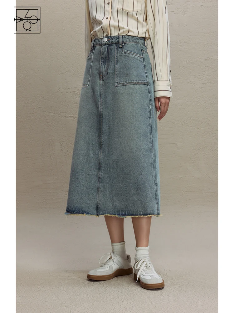 ZIQIAO High Waist Retro Denim Blue A-LINE Skirts Pocket Decoration Back Slit Women Long Denim Skirt Raw Edge Female Skirt tb british style bag webbing black edge red white and blue decoration high waist suit suit