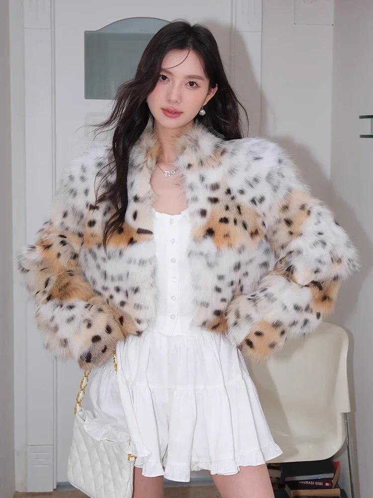 

High Waisted Leopard Fox Fur Jacket for Women 2024 New High-end Simple Stand Collar Luxury Cropped Winter Real Fur Coat