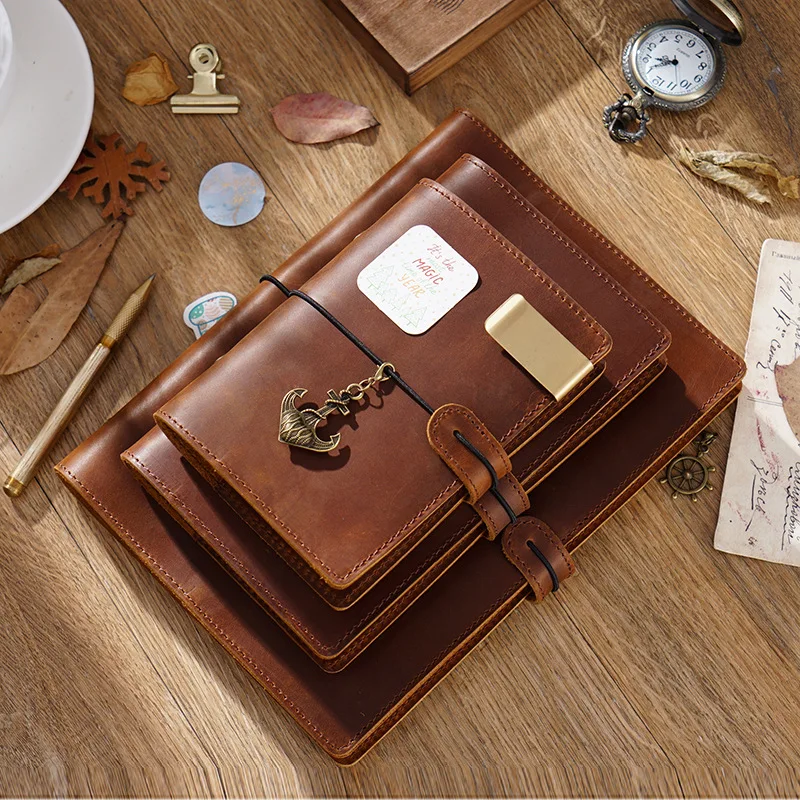 100% Vintage Genuine Leather Spiral Ring Binder Notebook Loose-leaf Handmade Cowhide Diary Journal