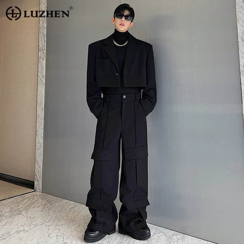 

LUZHEN Men's High Solid Men's Street Color Two-piece Set Clothing Lapel Detachable Blazer Patchwork Straight Cargo Pants Ad8405