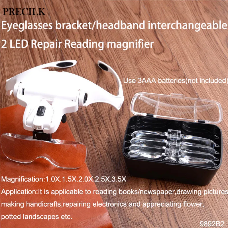 

2 LED Spectacle Frame or Headband Head-mounted Wearing Magnifier Optical Lens Repair Beauty Reading Loupe Magnifying Glass