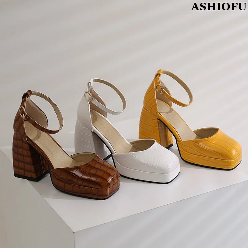 

ASHIOFU New Arrival Hot Sale Womens Thick Heels Sandals Large Size 34-48 Three Colors Party Shoes Evening Fashion Prom Shoes