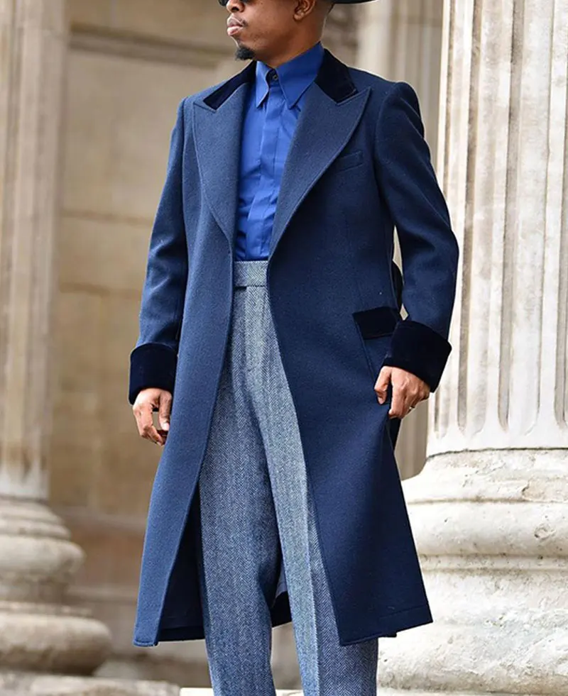 Men's Woolen Coat Velvet Splicing Lapel Collar Flap Pockets Lace Up Overcoat Elegant Gentleman Business Casual Men's Clothing