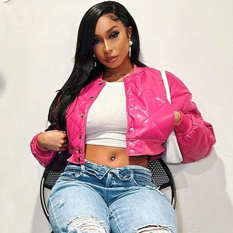 Pink Bomber Jacket Women Zipper Faux Leather Cropped Jacket Autumn Winter Windbreaker Jacket Coat Y2K Japanese Streetwear