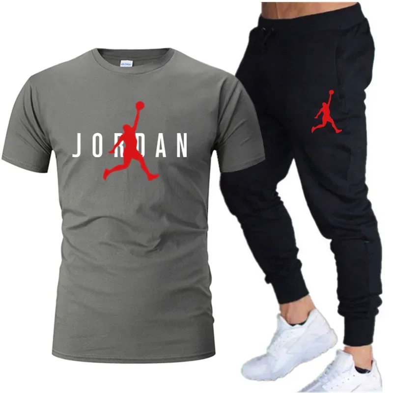 Summer Men's Tracksuit Suit Short Sleeve T-Shirt + Trousers 2-Piece Sets Fitness Jogging Sports Pants Sportswear Suit
