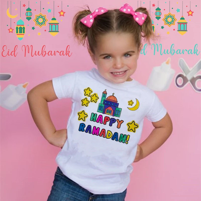 Happy Ramadan Mubarak Print Children'S Clothes Boy Girl T-Shirt Eid Ramadan Kids T Shirt Short Sleeve Islamic Muslim Outfit Tops