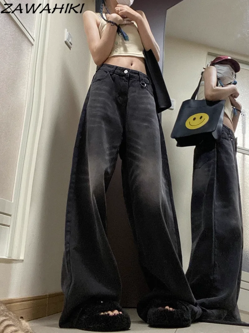 

Spring Autumn Washed Retro Distressed Wide Leg Jeans Women Loose American Straight Fashion Vintage Solid Color Denim Pants