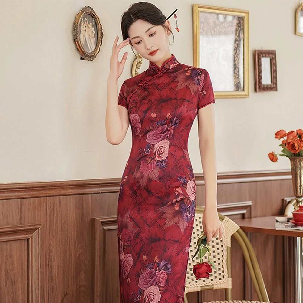 

Women Retro Slim Fitting Chinese Cheongsam Faux Silk Stain Dress Oriental Ball Gown Long Qipao Elegant Female Floral Cheongsam