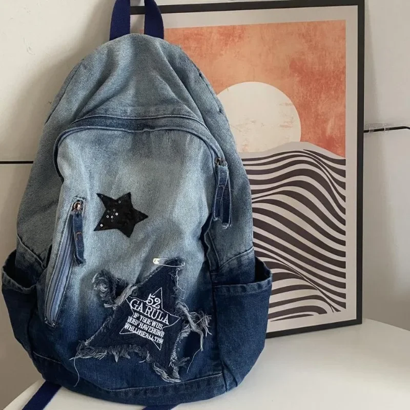 XVHOAB Y2K Denim Rucksack - Retro Jean Rucksack Mit Stern-Design