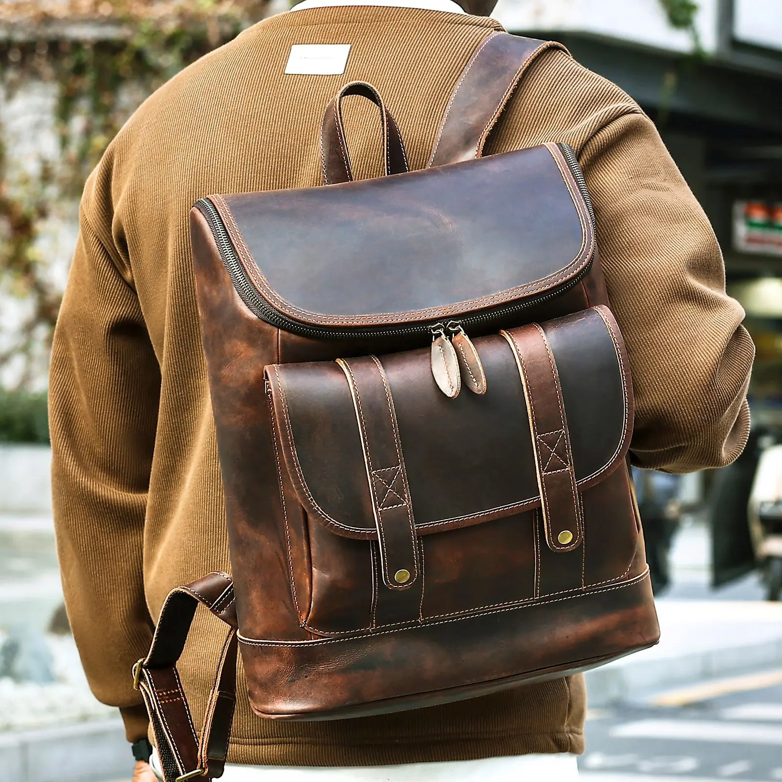 Vintage Crazy Horse Leather Men's Backpack Large Capacity Business Laptop Bag Male