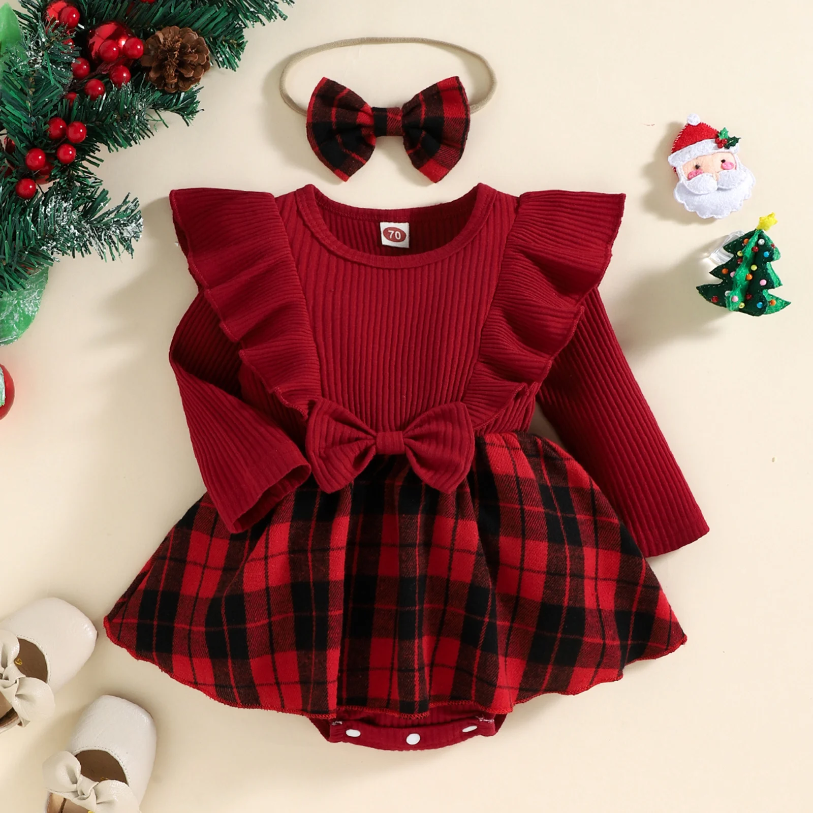 Ma&Baby 0-24M Christmas Girl Romper Infant Baby Knit Ruffle Long Sleeve Bow Jumpsuit