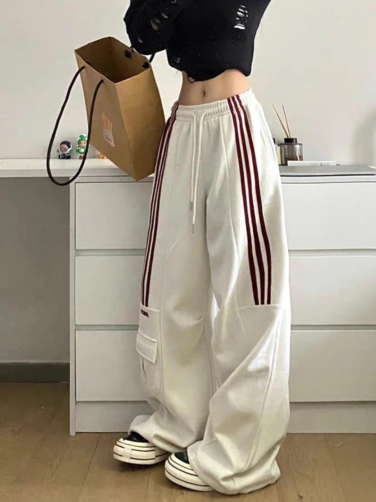 QWEEK Y2k Stripe Sweatpants Women Hip Hop High Waist Vintage Loose Wide Leg Pants Streetwear Elastic Casual Black Oversize Pants
